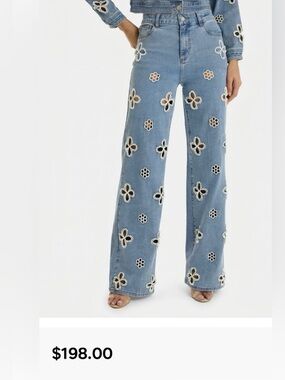 High-Rise Floral Cutout Wide-Leg Jeans - Light Blue Sz 33.        Bx3